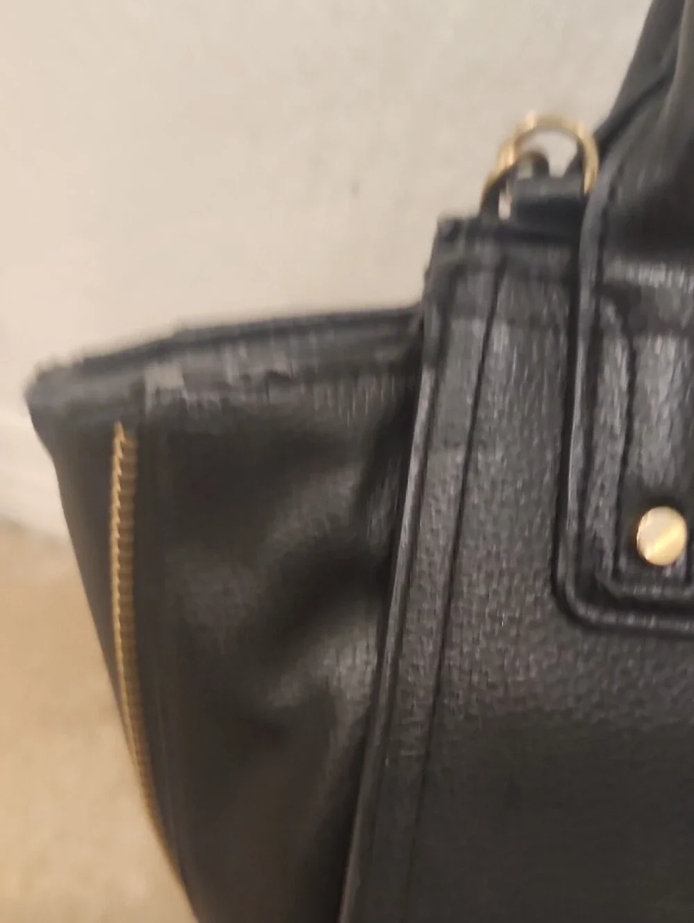 Black Leather Satchel Handbag with Gold Hardware